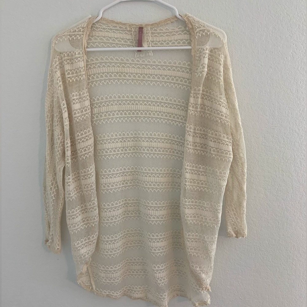 Vintage Off-White Lace Open Cardigan Three Quarter Sleeve Cream Lacey Top